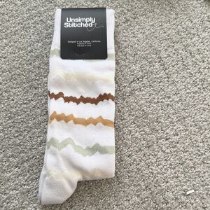 White Crew Socks with Tan, Brown & Light Green Zigzag Stripes